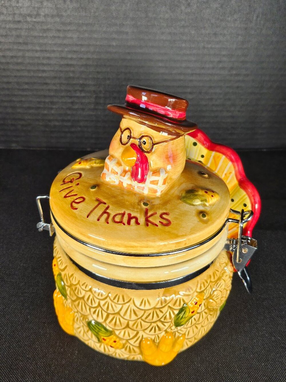 Vintage Ceramic Turkey Cookie Jar Canister Give Thanks Thanksgiving Fall Decor